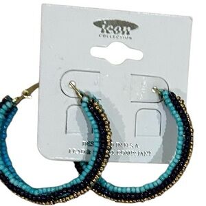 1928 Turquoise and Black Beaded Hoop Earrings